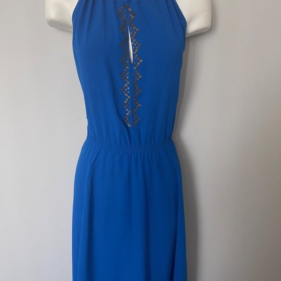 Red Saks 5th Avenue Beautiful Royal blue with gold beads maxi halter dress - Picture 3 of 9